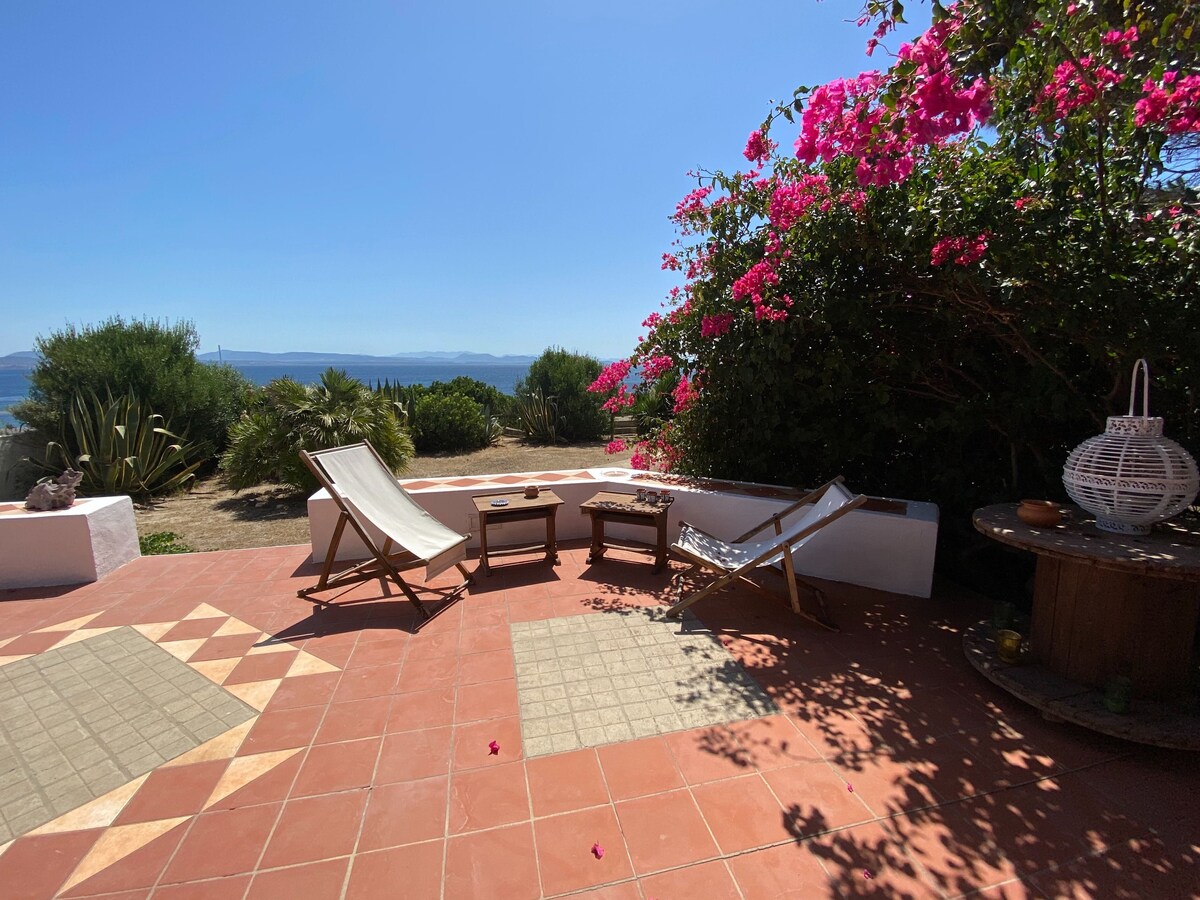 A sunlit outdoor patio is highlighted with terracotta tiles and surrounded by vibrant bougainvillea. Two reclining chairs offer a place to relax, while a small wooden table sits nearby. The view showcases lush greenery and distant water, creating a serene atmosphere.