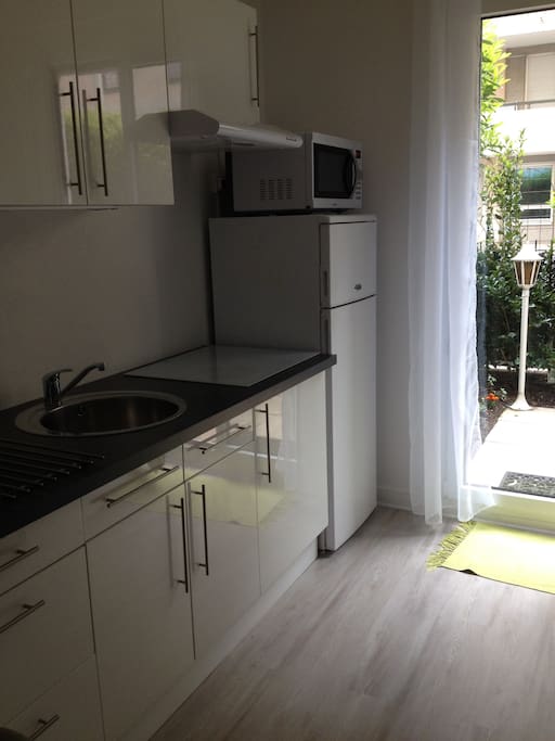 l'espace pour cuisiner équipé: cafetière, presse fruits électrique, four multi-fonctions, réfrigérateur, congélateur, plaques de cuisson à inuction, bouilloire, grille-pain...