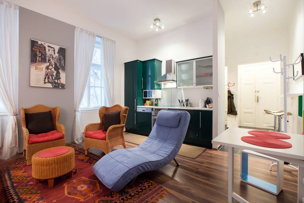 The green spots are the kitchenette