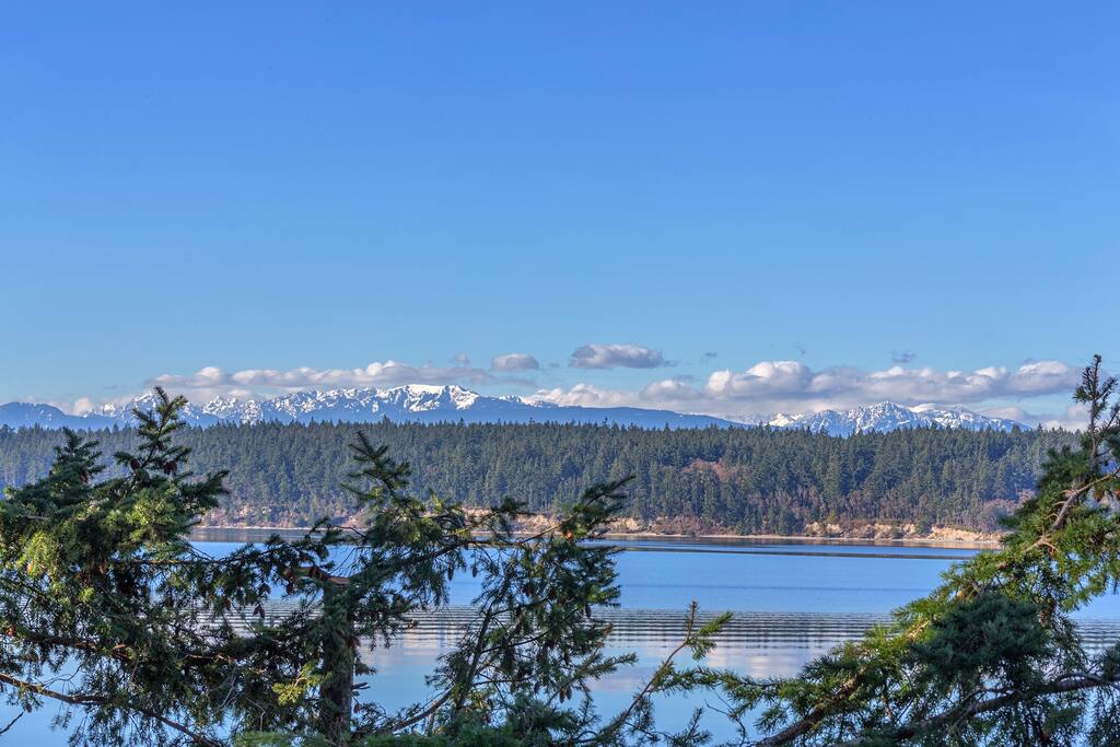 Deck view of Indian Island and the Olympic Mountain range