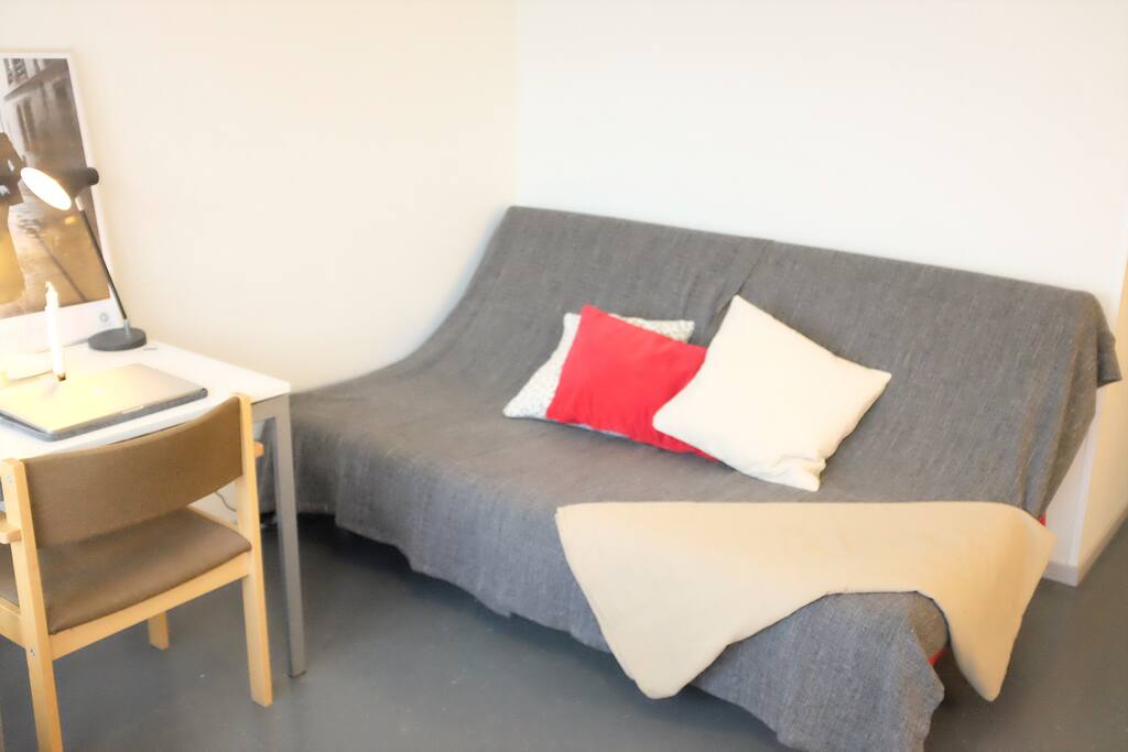 This couch folds down so 4 people can stay in the apartment.