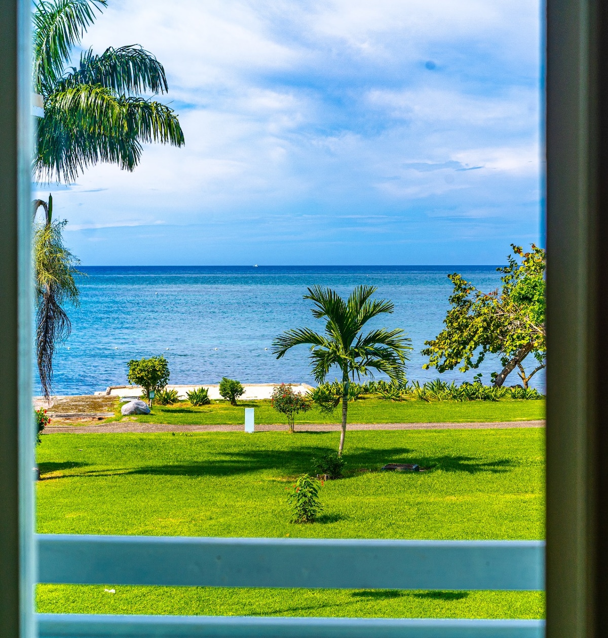 The view from the window reveals a calm ocean with gentle waves lapping against a sandy shore. Lush green grass and tropical palm trees are visible in the foreground, framing the serene landscape under a partly cloudy sky.