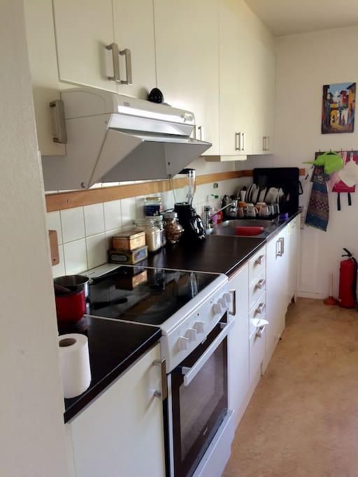 The kitchen. It sure is a lovely place to hang. We cook here, play games her, listen to music here. And right outside is the inner garden where you can play football or just have a morning cup of coffee.