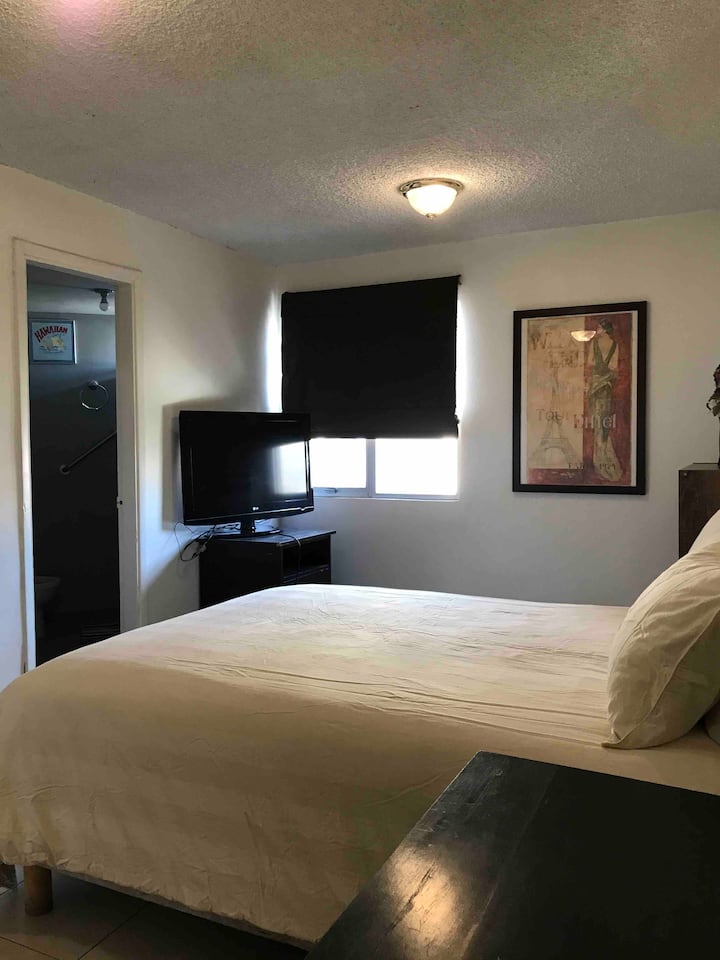 غرفة نوم رئيسية مع حمام وتلفزيون 