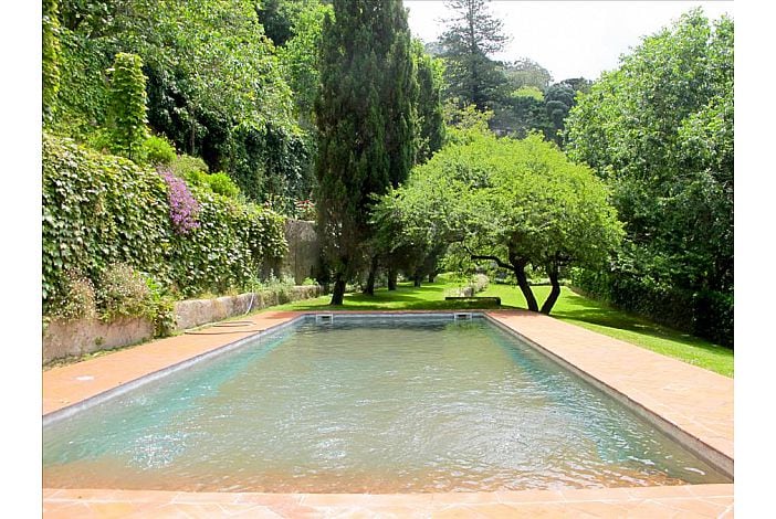 A tranquil swimming pool is set within a lush green landscape, surrounded by trees and flowering plants. The deck area features terracotta tiles, complementing the natural beauty of the manicured lawn in the background.