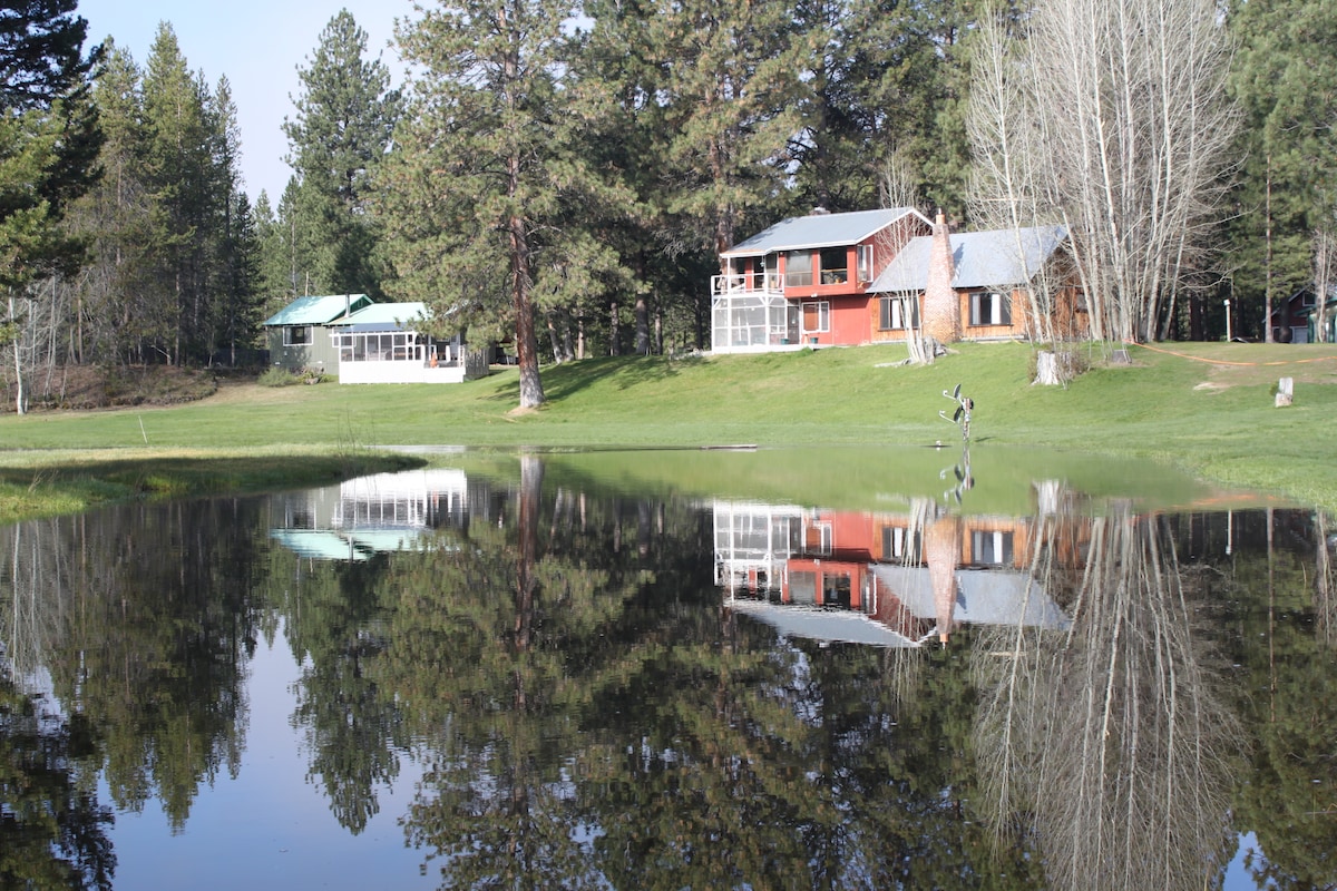 The image captures a serene scene featuring two cabins reflected in a tranquil pond. Surrounding tall trees provide a natural backdrop, enhancing the peaceful countryside atmosphere. Sunlight gently illuminates the area, creating a harmonious blend of colors in the landscape.