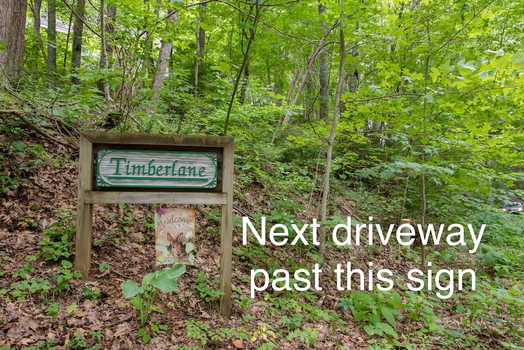 Ours is the green house sitting above this Timberlane sign with "welcome" flag.