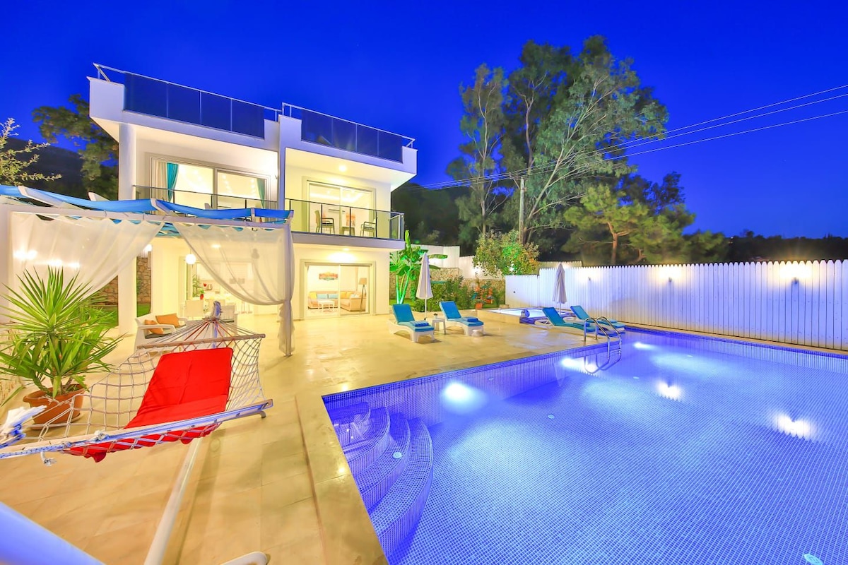 A serene outdoor area is featured, showcasing a private pool with a calming blue tone. Comfortable sun loungers are arranged alongside the pool, while a hammock is draped nearby. The villa's modern structure is visible in the background, surrounded by lush greenery.