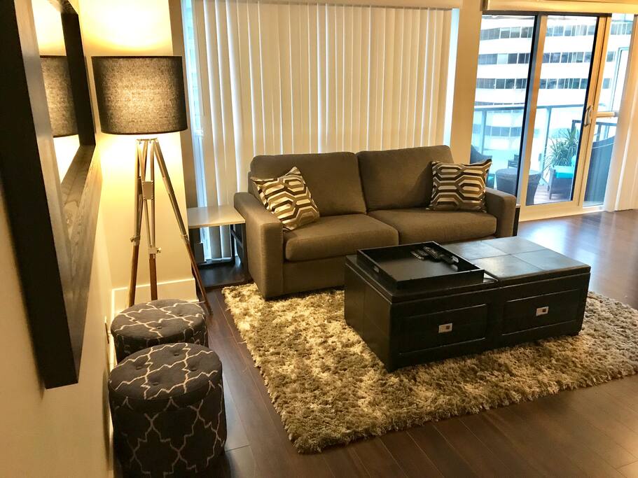 Living room with one sofa and two ottomans