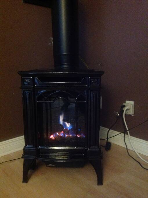 Napoleon ceramic stove, viewed from the bed.