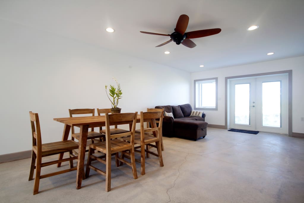 Open living area, French doors to beach