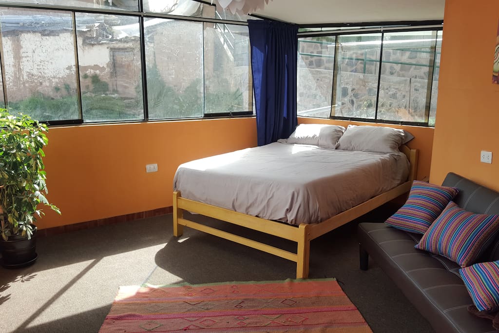 Living/bedroom with many windows and natural light