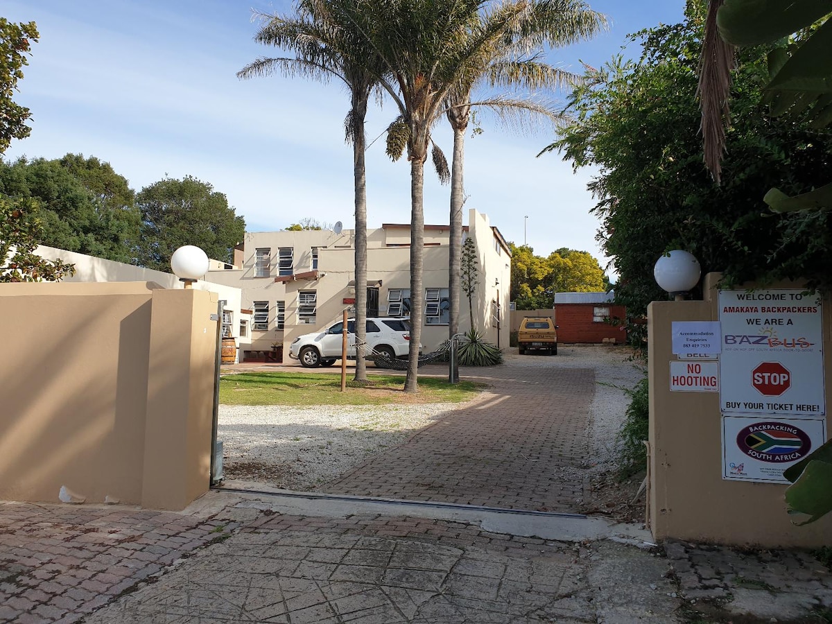 The entrance area of Amakaya Backpackers is shown, featuring a spacious parking lot with several parked vehicles. Tall palm trees provide shade, while the entrance gate is flanked by two large lamps. A path leads toward the main building, surrounded by landscaped greenery.