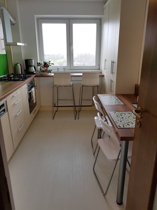 Fully furnished kitchen with new electric oven, dishwasher and large refrigerator.