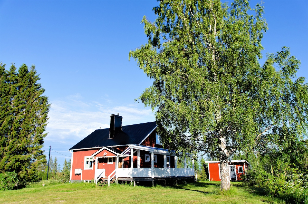 A red wooden house is situated on a grassy expanse, surrounded by tall trees under a clear blue sky. A spacious porch can be seen, offering an outdoor seating area. A smaller red building is visible in the background.