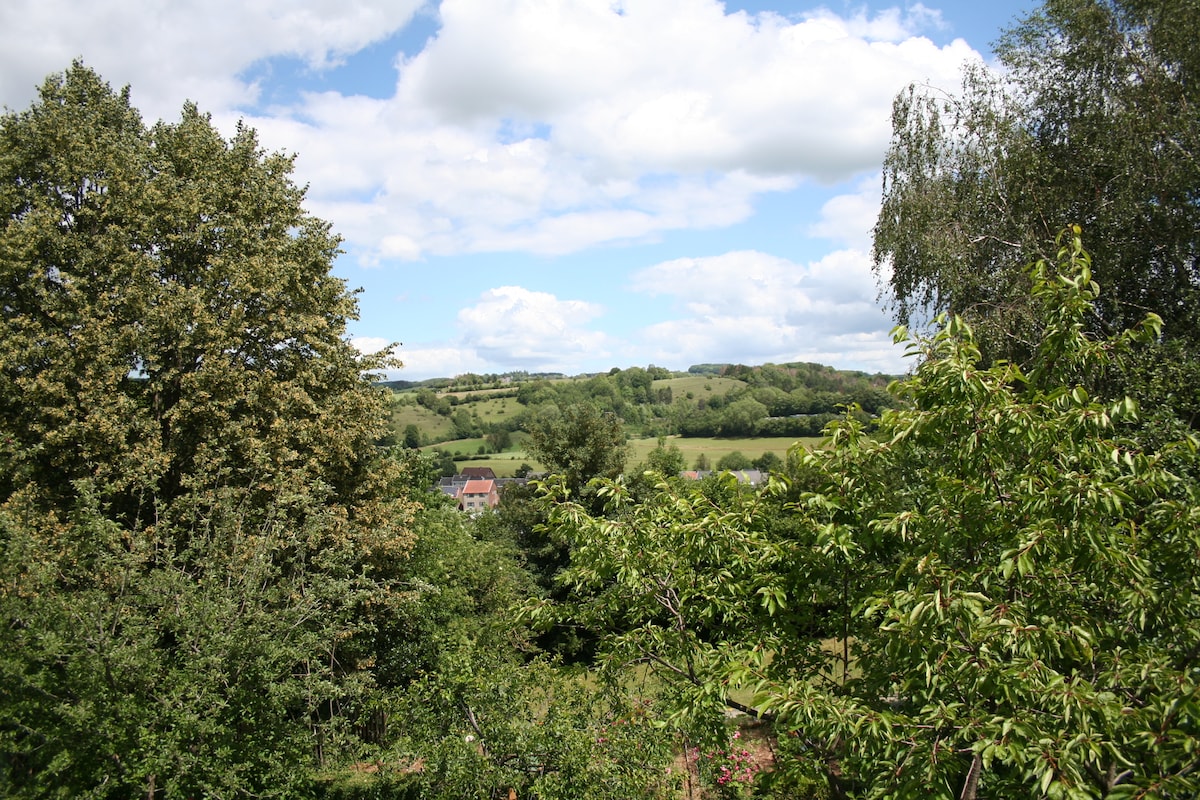 A serene landscape showcasing lush greenery and rolling hills beneath a partly cloudy sky. Tall trees frame the view, with a few distant houses nestled among the hills, creating a peaceful natural setting.