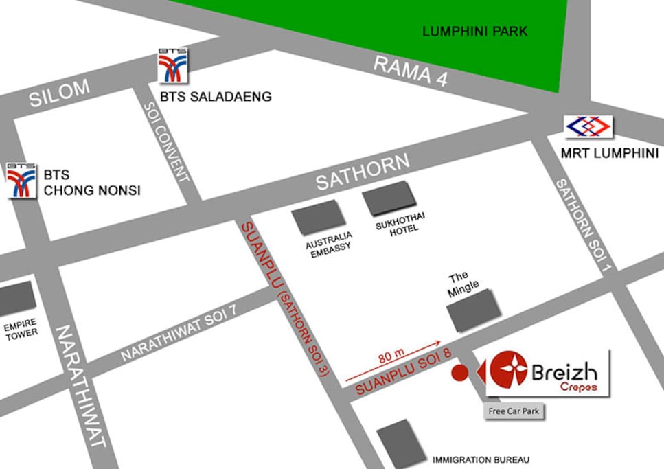 We are located just opposite Breizh Crepes on Suan Phlu Soi 8