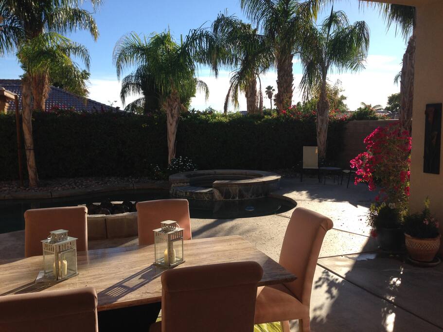Covered Patio with large entertaining table.