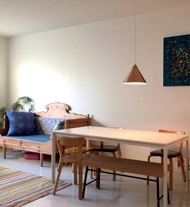 Big dining table in the living room.