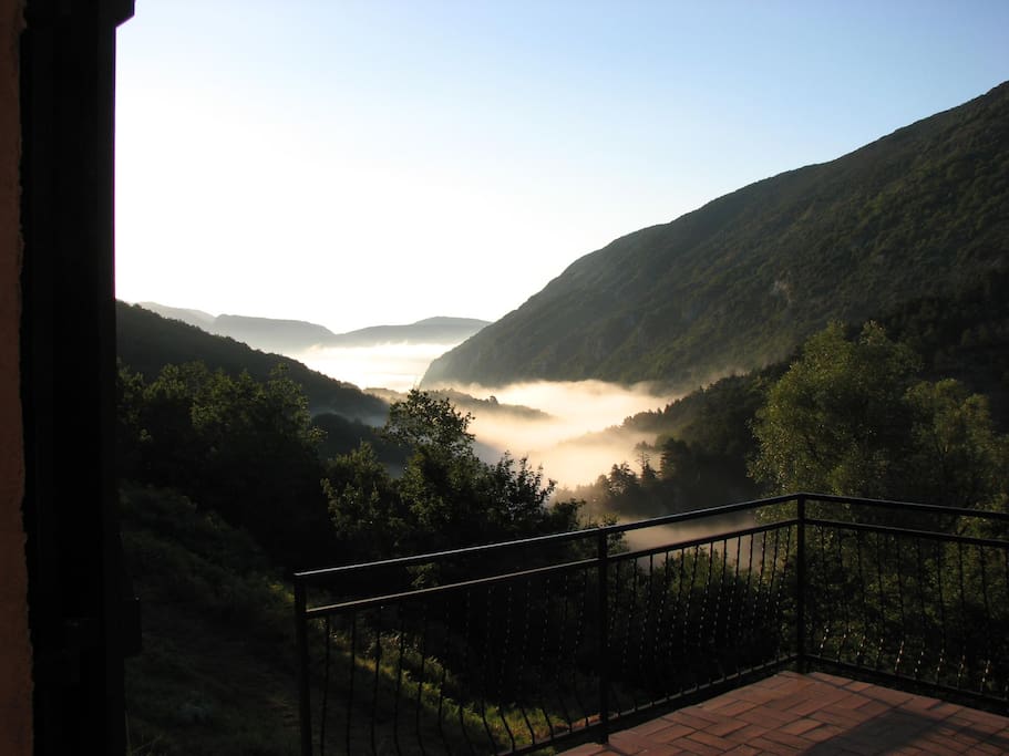 Breakfast views. Early morning mist in the valley.