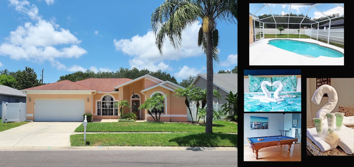 A charming single-story home is framed by lush greenery and a vibrant blue sky. The exterior features a welcoming front entrance and a spacious driveway. Side images showcase a sparkling pool within a screened patio, a thoughtfully arranged living space, and a well-equipped game area with a pool table.