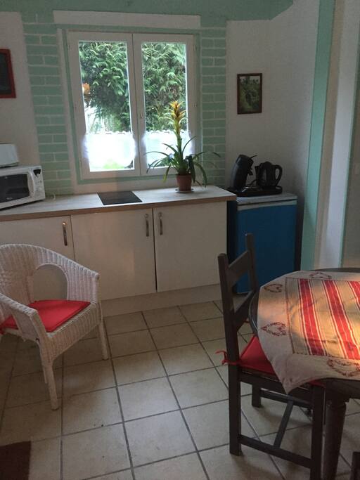 Séjour-cuisine micro onde, 2 feux induction, réfrigérateur table chaises ,fauteuil