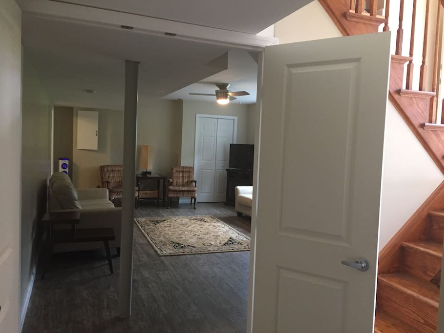 Guest Suite From Downstairs Foyer. Bedroom entrances (unseen) along left wall.