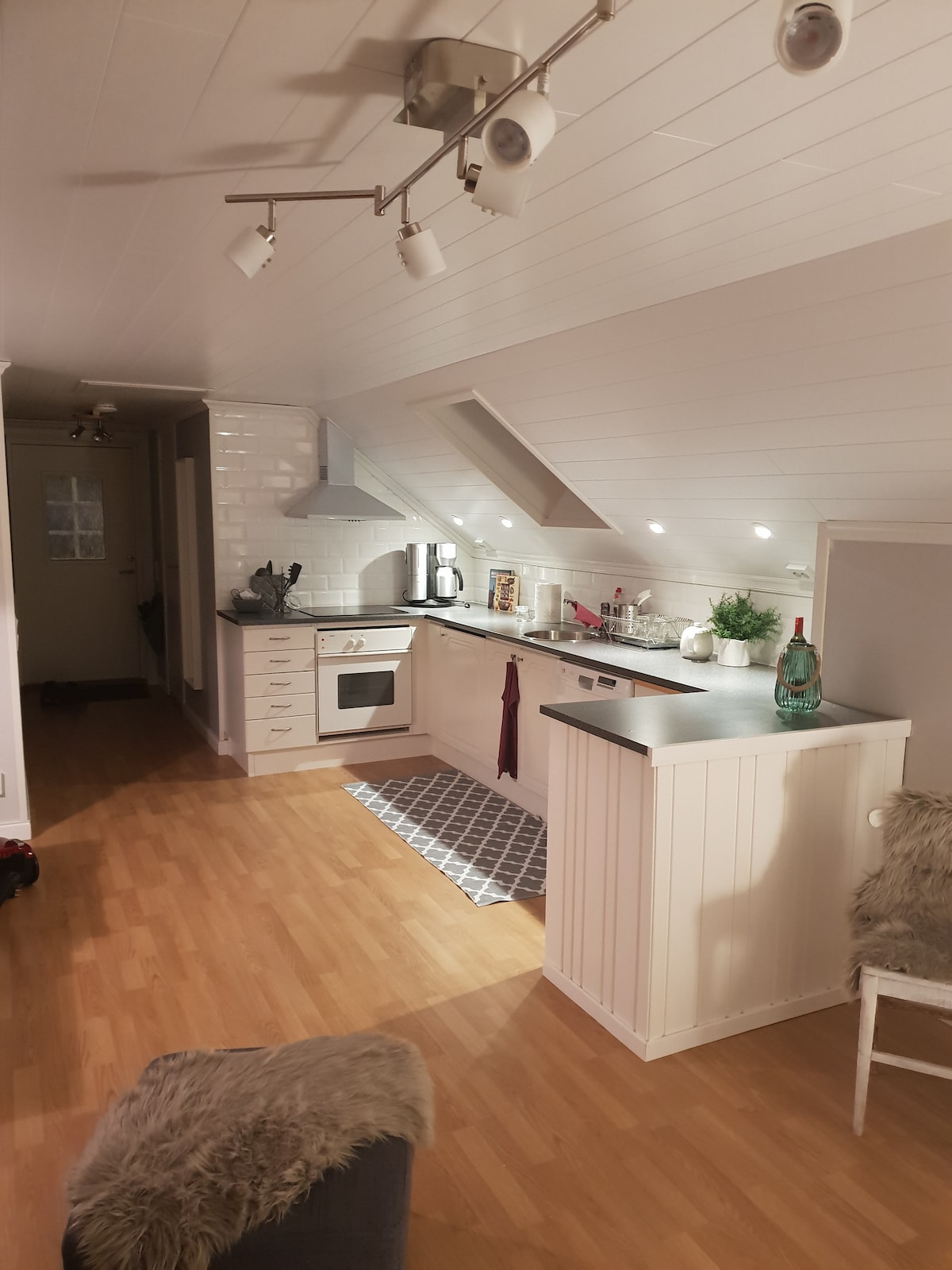 The kitchen area features modern appliances, including an induction stove, microwave, and dishwasher, arranged against white cabinetry. A cozy dining space is visible, with a decorative rug on the light wooden floor. Soft lighting enhances the atmosphere, creating an inviting cooking space.
