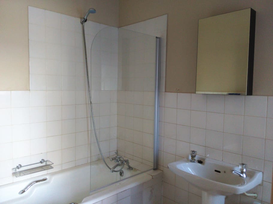 Bathroom with bath and shower.