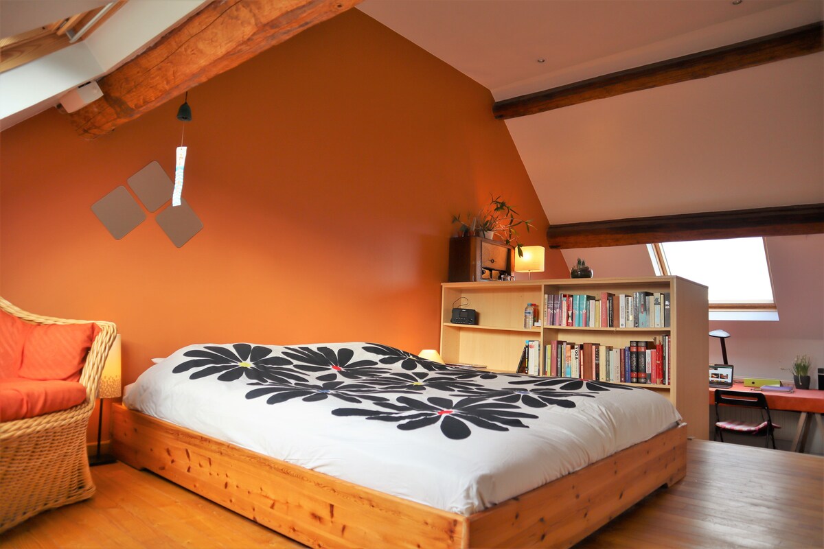 Chumba cha wageni chenye starehe, chenye jua cha 32m2 kwenye ghorofa mbili na kitanda cha watu wawili, kabati kubwa la nguo na sehemu ya kufanyia kazi 2x1m kwa watu 2. Madirisha kila upande wa chumba yenye mwonekano wa msituni na mashambani. 