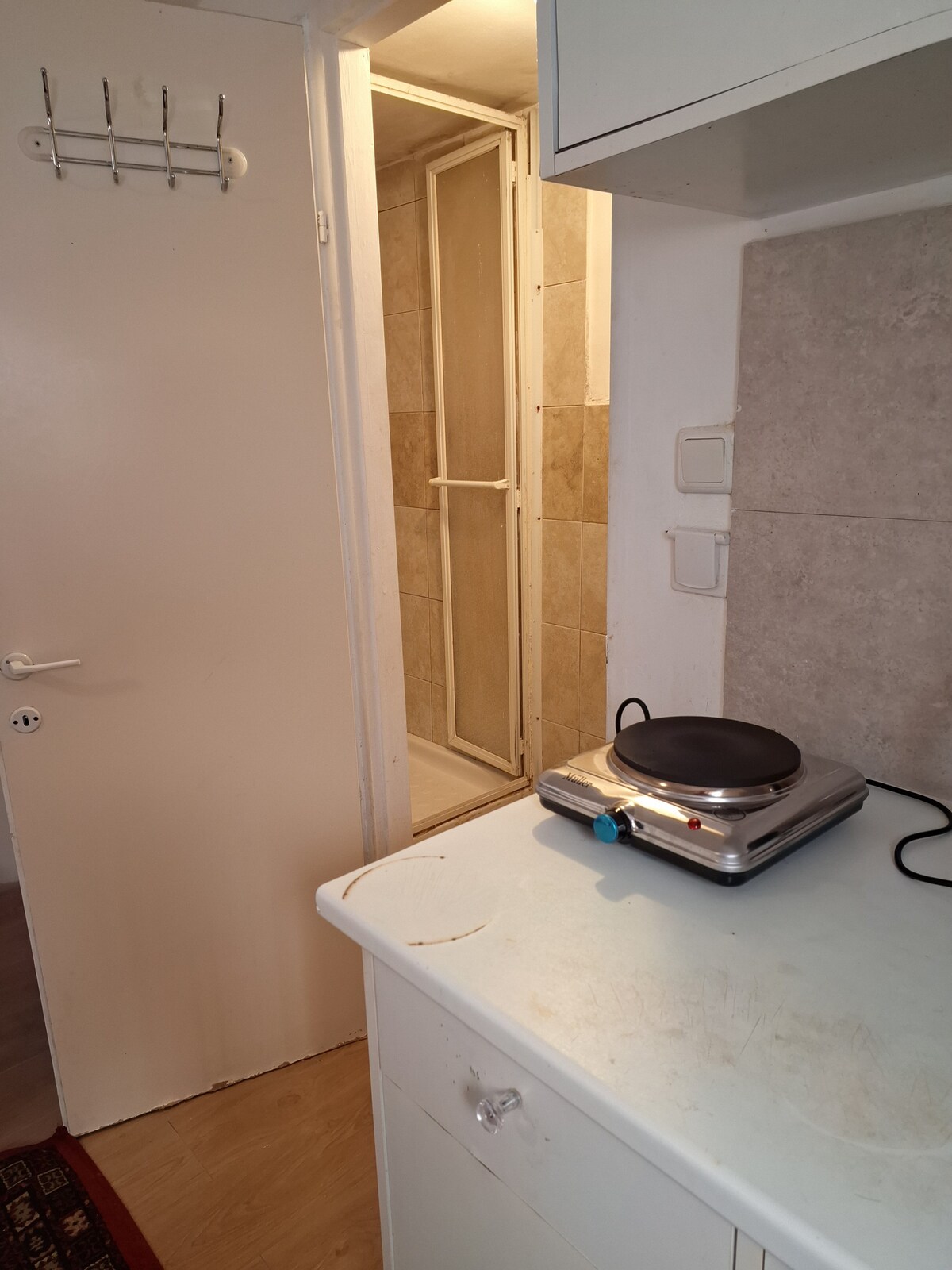 A compact kitchen space is shown featuring a countertop with a cooking appliance. A door leads to a private shower area, indicated by tiled walls. The white cabinetry contrasts with the warm tones of the flooring, creating a functional atmosphere.