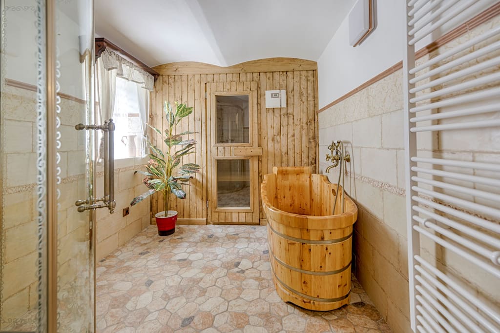 Sauna with wooden bath and shower