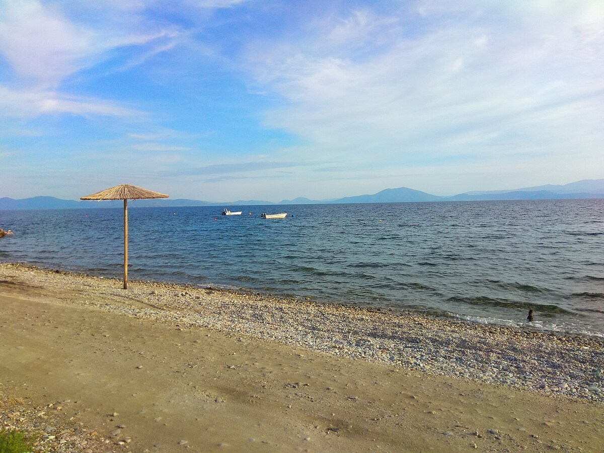 A sandy beach extends alongside calm waters, with a thatched umbrella providing shade. Two boats float gently in the distance, and mountains are visible along the horizon under a clear blue sky.