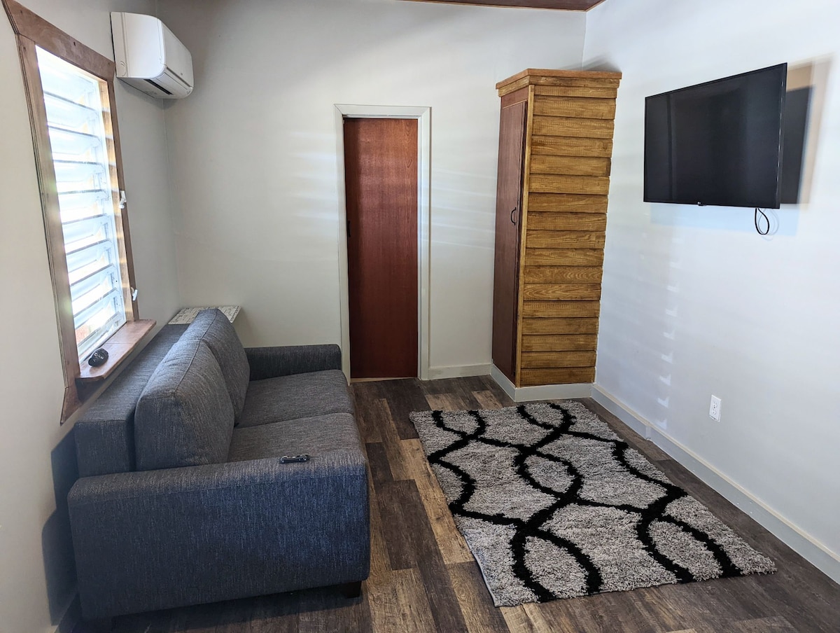 A cozy living area is furnished with a gray sofa adjacent to a wooden cabinet and a flat-screen television mounted on the wall. Light enters through a window with horizontal slats, and a patterned rug adds texture to the floor.