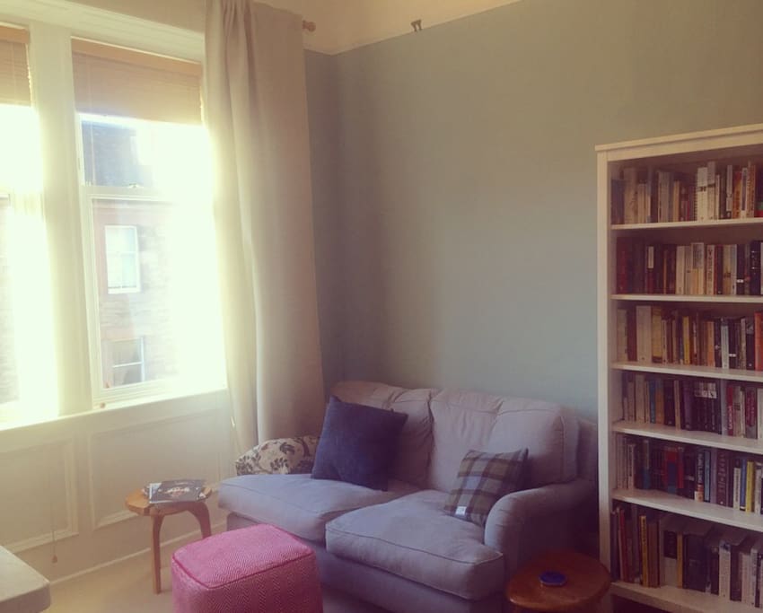 Relaxing living room with books, magazines, board games and television