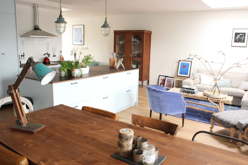 The living space has lots of room to cook, eat, and relax.