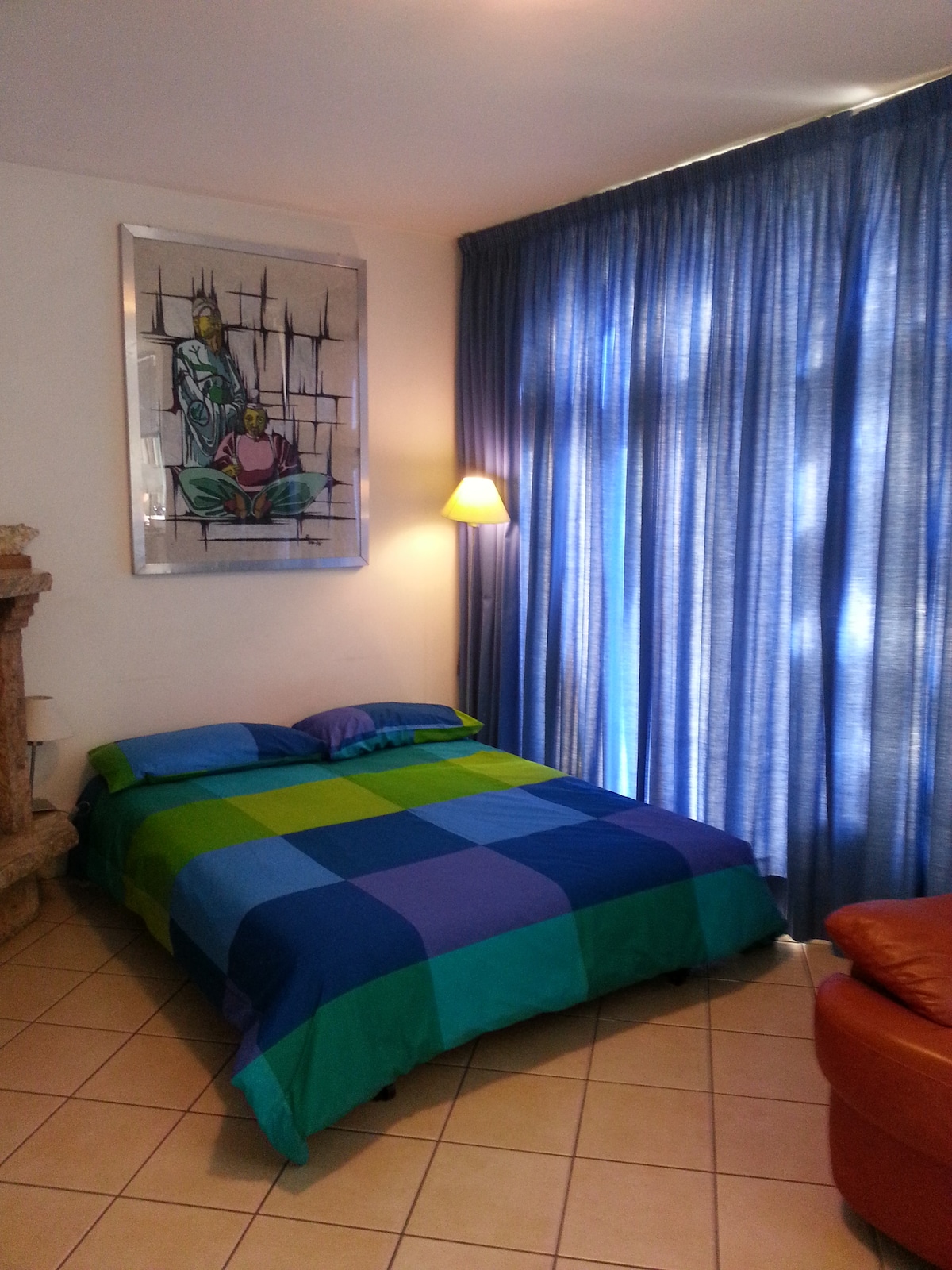 A well-lit sleeping area features a spacious bed covered in a vibrant blue and green plaid blanket. A tall window covered by deep blue curtains allows natural light to enter, while a lamp provides additional illumination. An artwork adorns the wall above the bed.