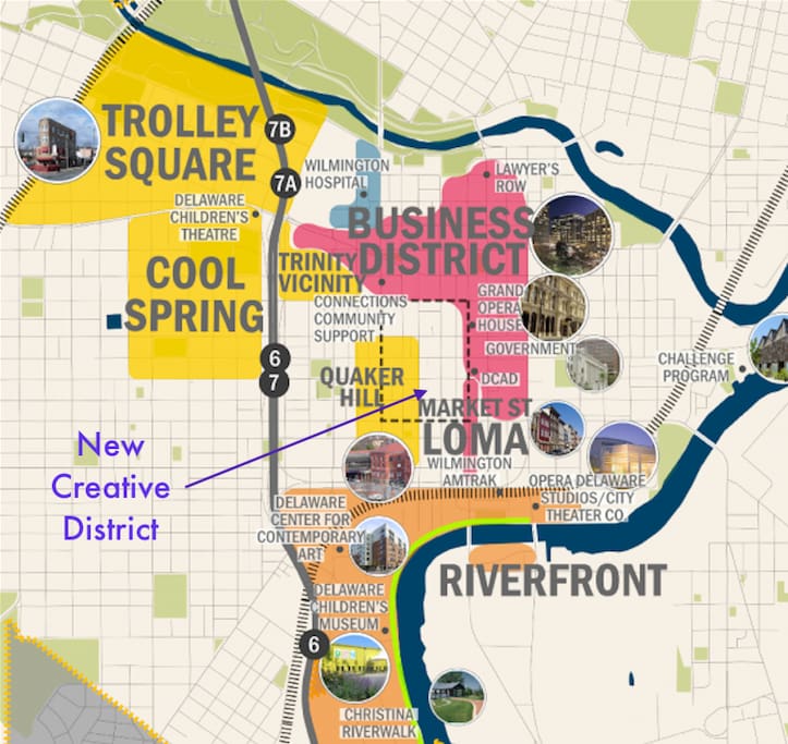 Short walk to business district and riverfront.
