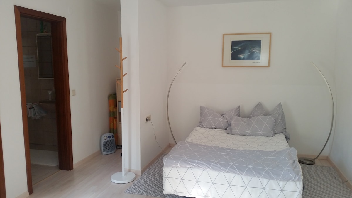A light-filled sleeping area features a spacious bed with gray patterned bedding, complemented by three decorative pillows. A minimalist standing lamp adds soft illumination. A wooden door leads to a separate bathroom, while a coat rack stands against the wall.