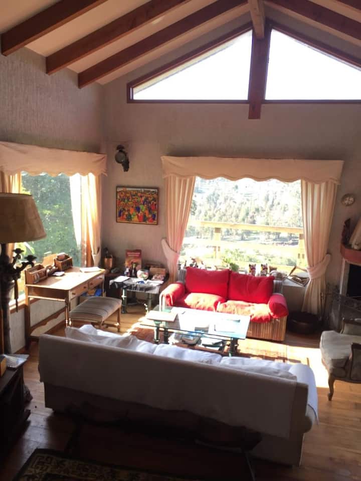 غرفة معيشة وغرفة معيشة مع مدفأة مرتبة للسياح لدينا ، والنوافذ الكبيرة تعطي إطلالة ممتازة على مزارع العنب الساحلية في وادي ليدا.