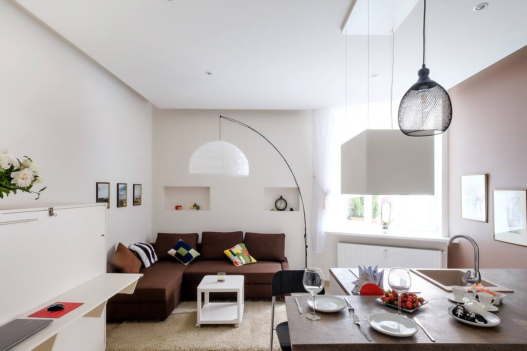 Cosy living room area with a sofa to relax or to be transformed into a bed for extra guests
