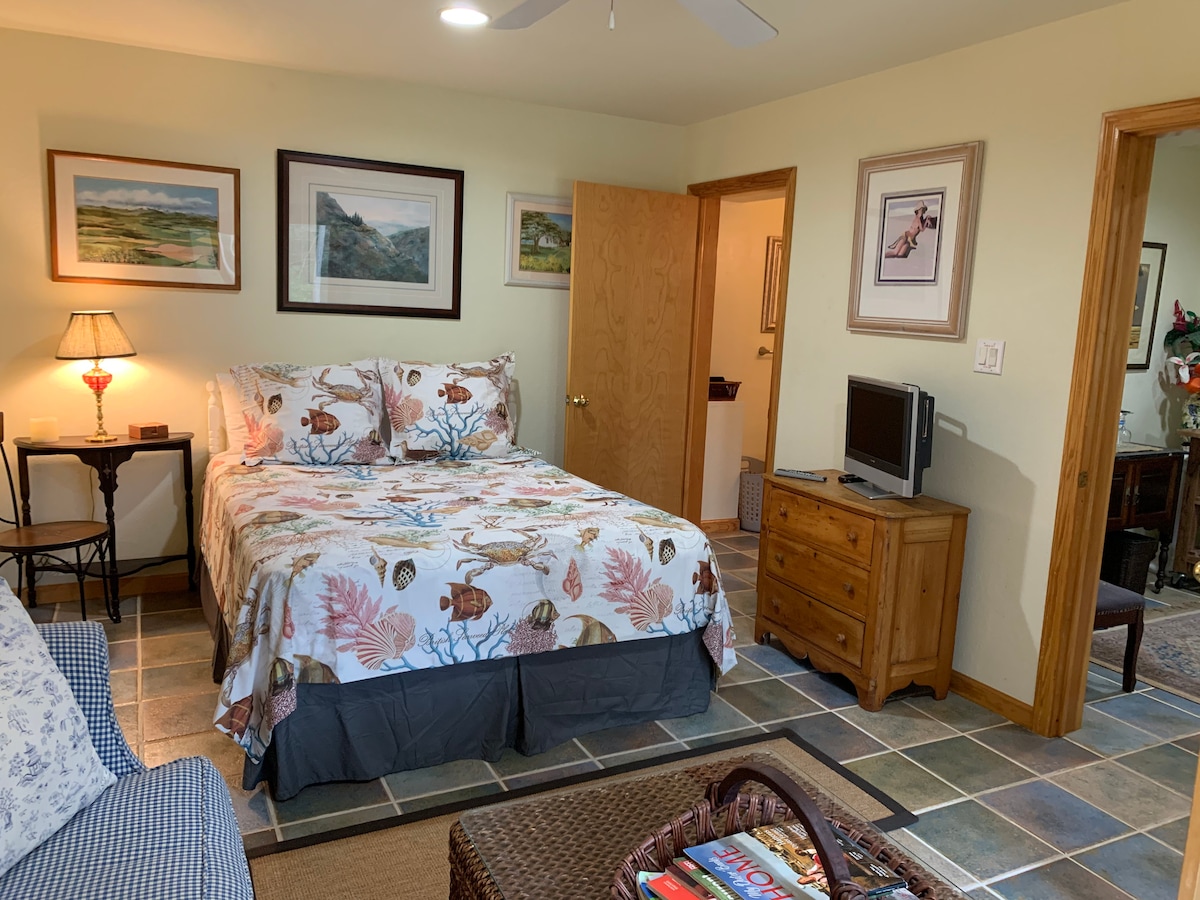 Bedroom/Living room with TV and ceiling fan! Bathroom entrance at back of photo and Kitchenette/additional seating at front of photo.
