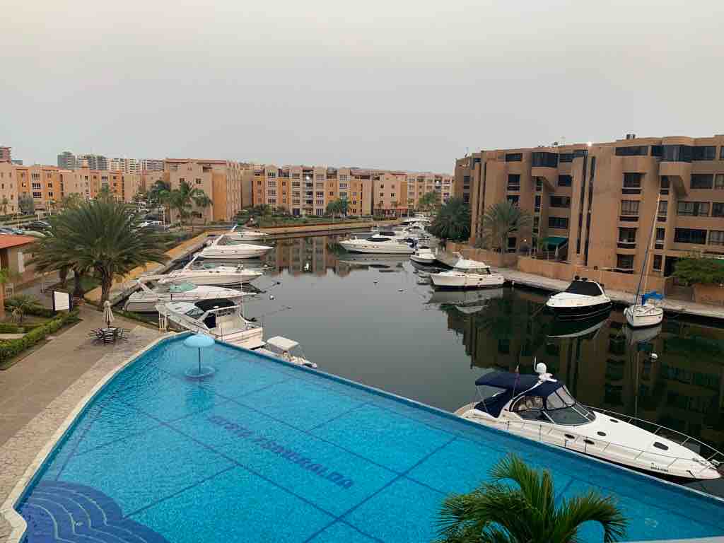 A serene view of a marina is captured, featuring several boats docked alongside calm waters. In the foreground, a large swimming pool with a geometric design reflects the surrounding architecture and palm trees, showcasing a blend of leisure and natural beauty.