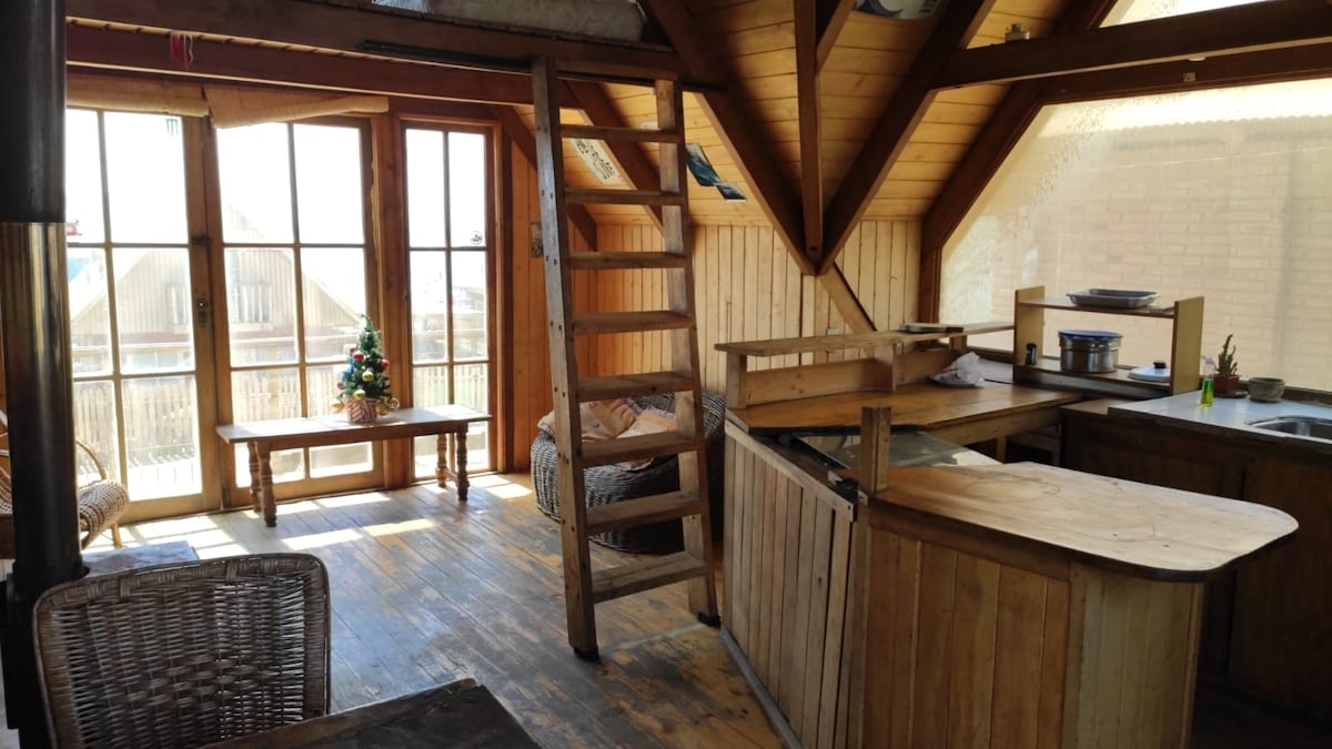 The interior space features warm wood paneling, with a cozy kitchen area adjoining a dining space. A step ladder provides access to a small loft above. Large windows invite natural light, framing views of the outside while highlighting the wooden accents throughout.