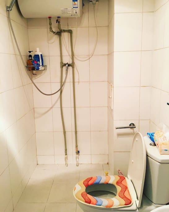 washroom:toilet, hot water, basic wash stuffs.