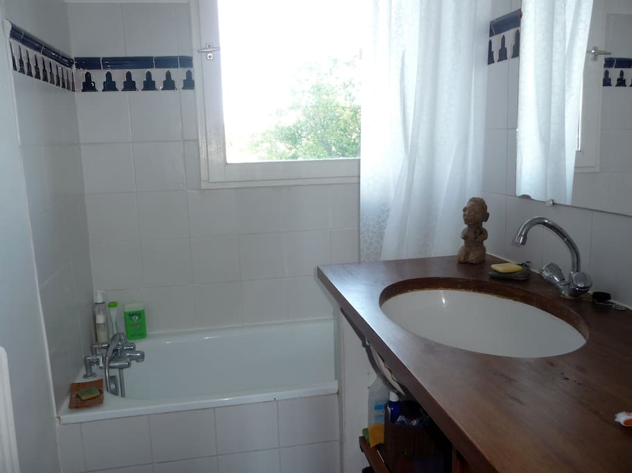 Salle de bains ajourée, douche, plan en bois.