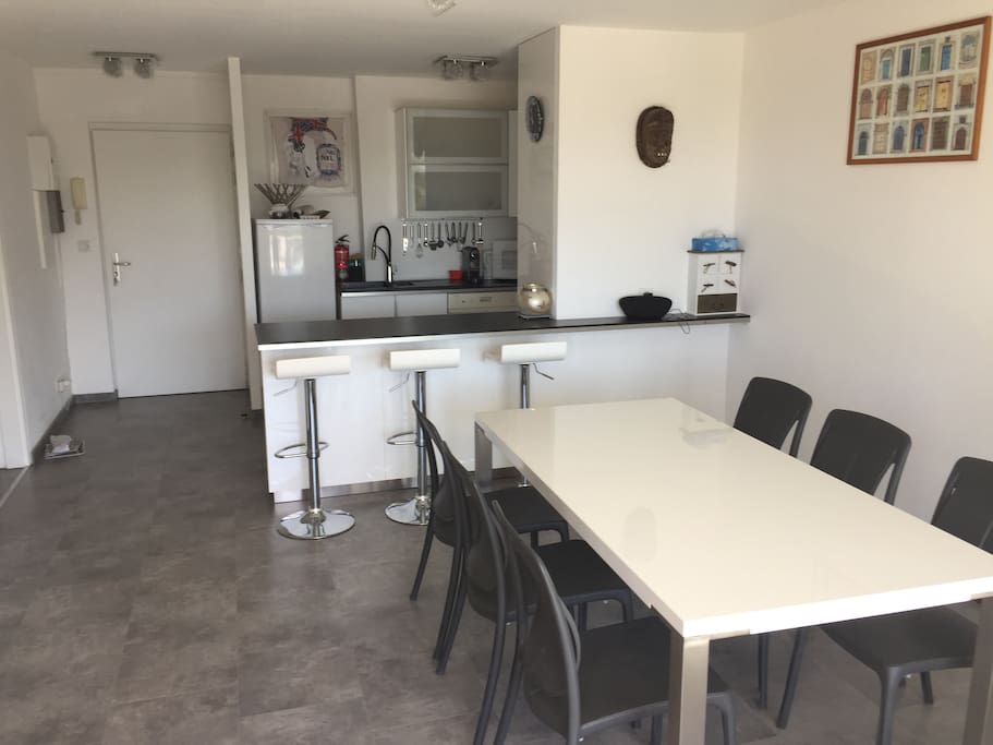 Grand séjour avec cuisine ouverte et bar américain (décoration design).
