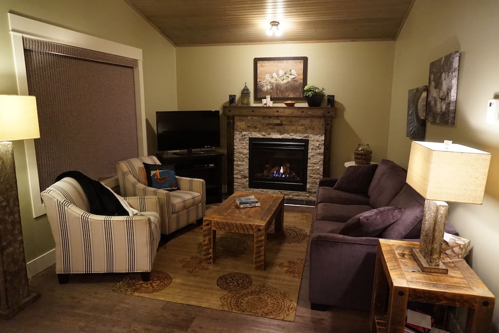 Living Room with gas fireplace & sofa bed