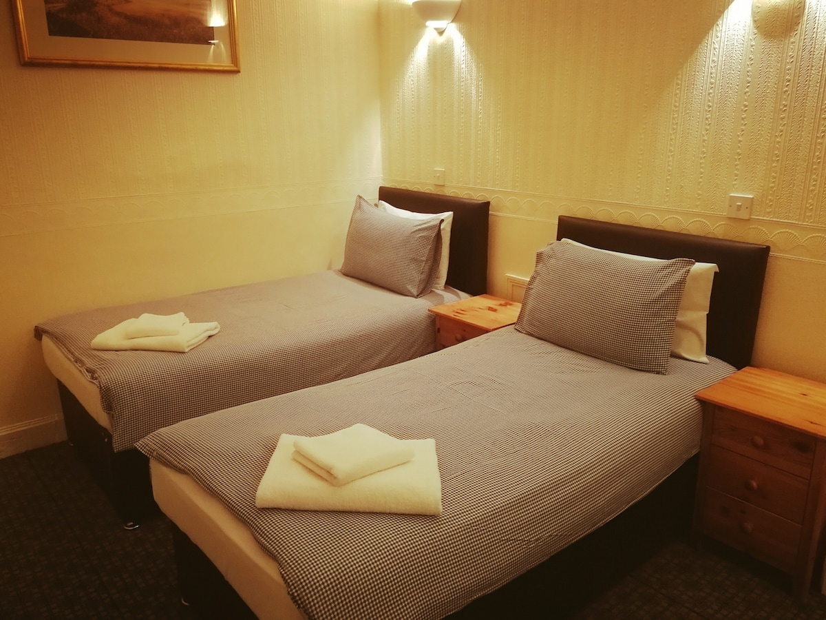 A well-lit room contains two spacious beds, both adorned with light blue checked bedding. Each bed is flanked by a wooden nightstand, contributing to a minimalist and functional layout. Soft wall lighting and textured wallpaper enhance the room's cozy ambiance.