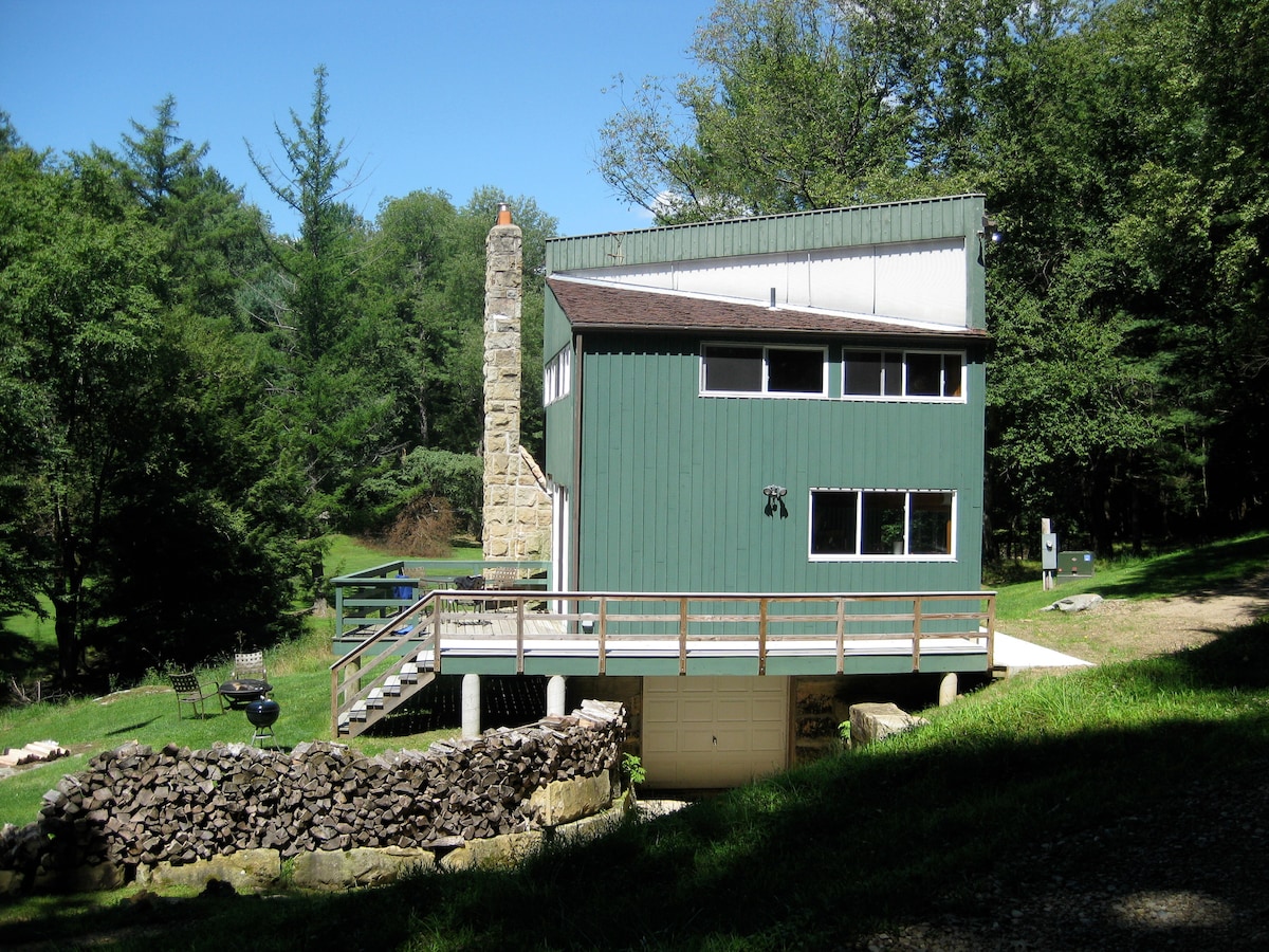 The green two-story lodge is set against a backdrop of lush trees, with a stone chimney rising from one side. A wooden deck extends from the front, featuring a grill and offering views of the surrounding nature. The entrance is accessed via steps leading up to the main level.